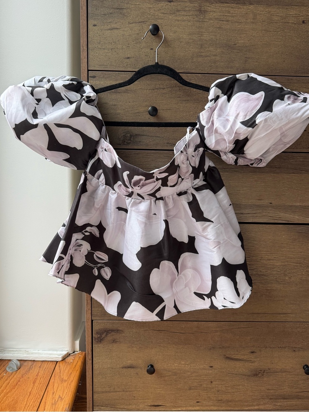 KIKA VARGAS Black & White Floral Off Shoulder Balloon Sleeve Taffeta Top